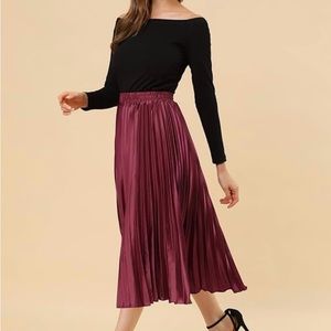 Elastic Waist Metallic Shiny Accordion Pleated Midi Skirt